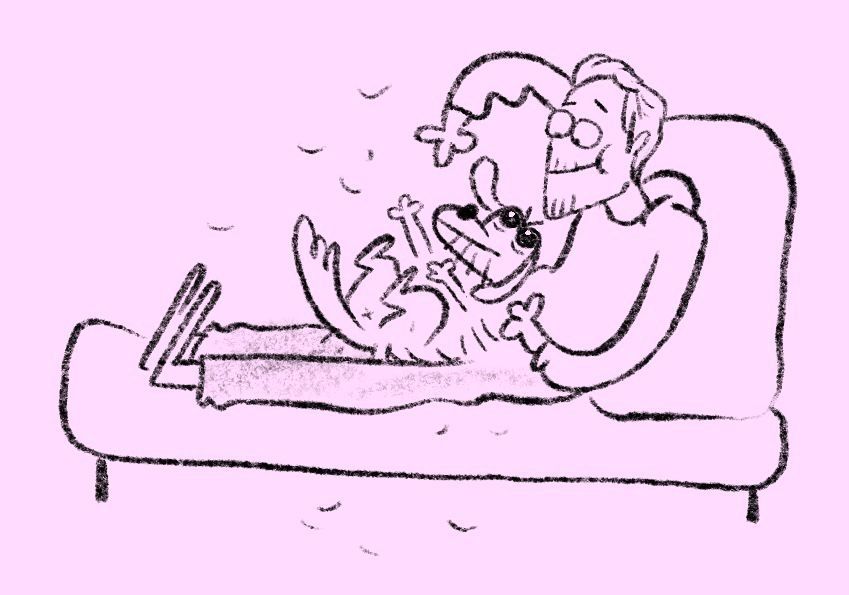 Dessin d'un personnage assis sur un canapé et qui joue avec son chien couché sur ses jambes.