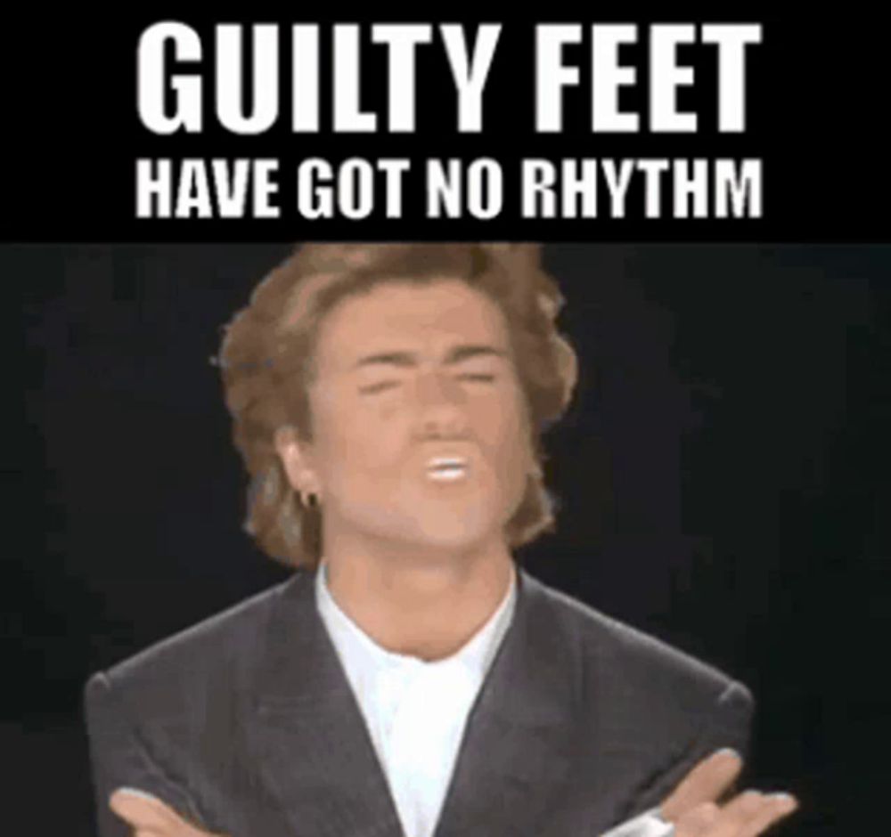 a man in a suit is making a funny face with the words guilty feet have got no rhythm above him