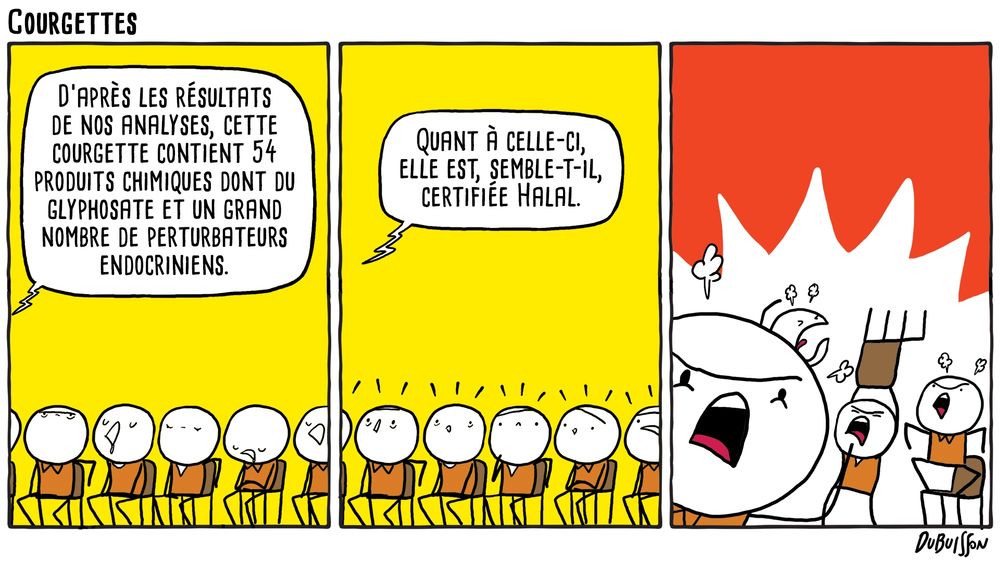 Strip en 3 cases. Des personnages à moitié endormis écoutent une personne qu'on ne voit pas.
La personne en question dit dans l'indifférence générale : D'après les résultats de nos analyses, cette courgette contient 54 produits chimiques dont du glyphosate et des perturbateurs endocriniens.
Puis elle poursuit et réveille un peu l'assemblée en disant : Quant à celle-ci, elle est, semble-t-il, certifiée halal.
Dernière case, les gens s'énervent et lancent les chaises.