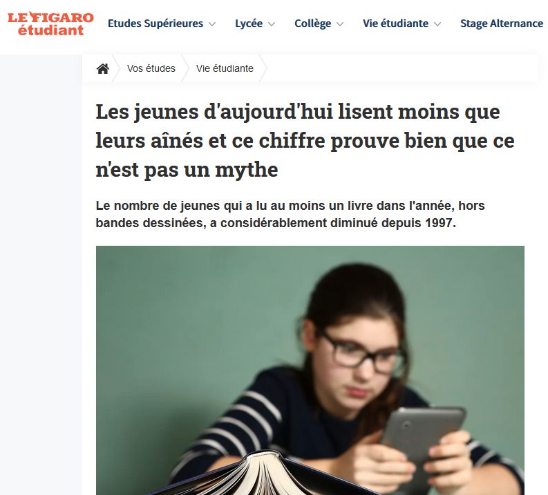 Capture d'écran d'un article du Figaro où il est écrit : "Les jeunes d'aujourd'hui lisent moins que leurs aînés et ce chiffre prouve bien que ce n'est pas un mythe. Le nombre de jeunes qui a lu au moins un livre dans l'année, hors bande dessinée, a considérablement diminué depuis 1997."