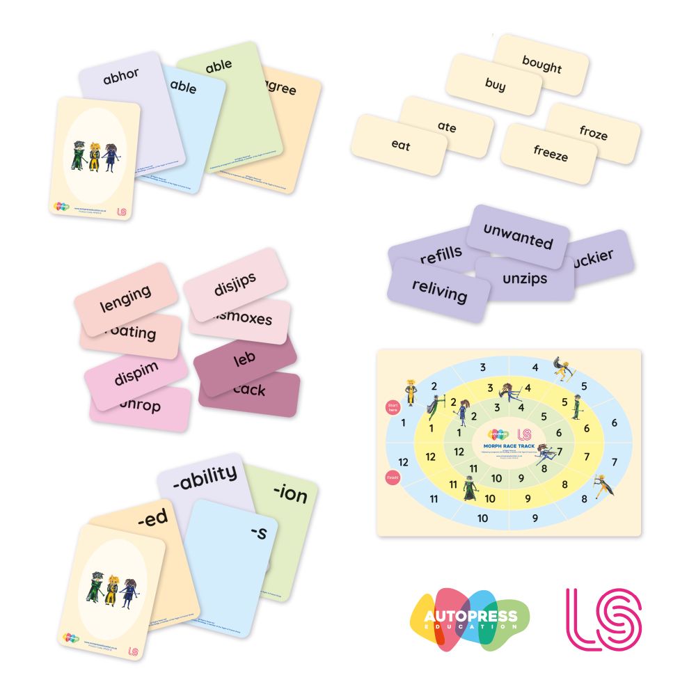 A collage of colourful “Morph Mastery” teaching resources from Autopress Education and Louise Selby. It shows several sets of word cards and a game board. Top left: pastel cards with morphemes like “abhorr,” “able,” and “agree.” Top right: verb cards showing base and past tense forms such as “buy/bought,” “eat/ate,” and “freeze/froze.” Bottom left: suffix cards like “-ed,” “-s,” “-ion,” and “-ability.” Bottom centre: a circular race-track game board labelled “Morph Race Track,” featuring cartoon characters. Other cards include nonsense morpheme combinations (e.g., “disjips,” “lenging”) and real words like “unwanted” and “unzips.” Logos for Autopress Education and Louise Selby are shown at the bottom