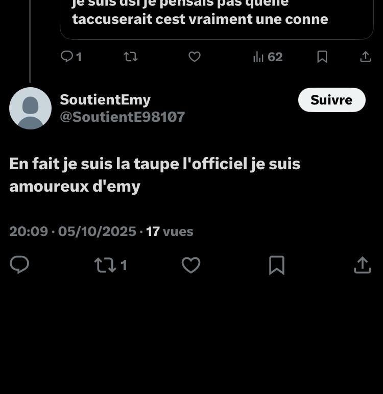 En fait je suis la taupe l'officiel je suis amoureux d'Emy 