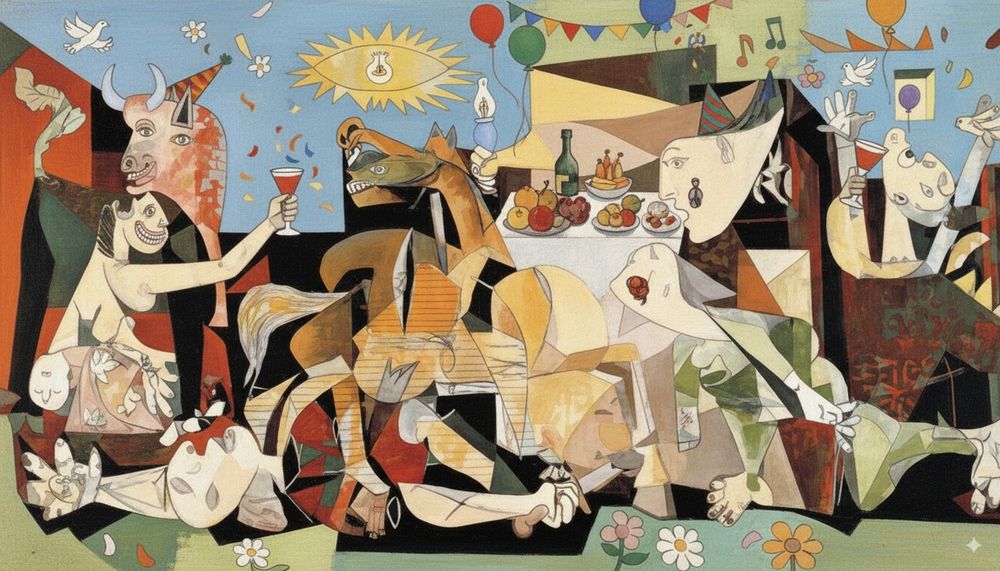 Picasso's Guernica but reimagined as a super fun party where everyone is having a great time. The sky is blue, birds, flowers and musical notes float cheerfully, people enjoy wine and canapes