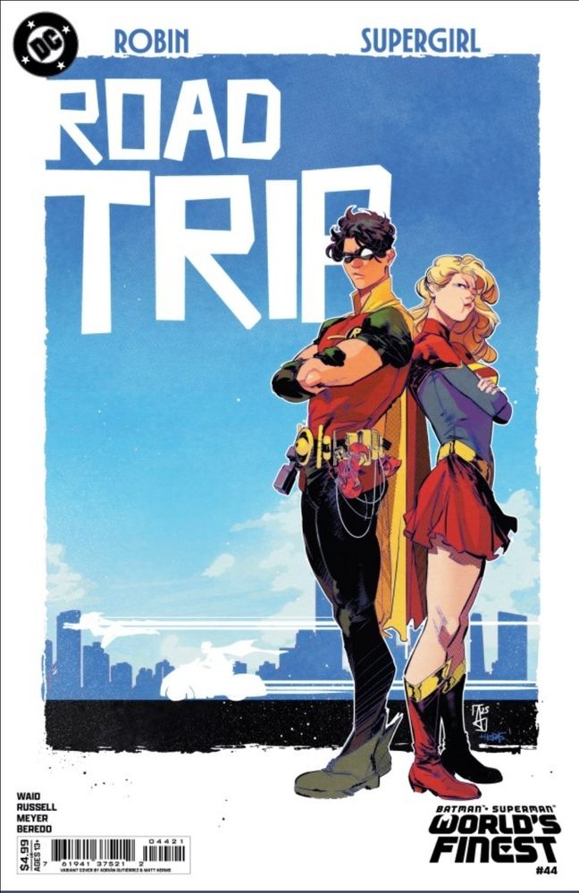 Robin (Dick Grayson) e Supergirl então de pé, de costas un para o outro e com os braços cruzados. Ao fundo, um cel azul e a skyline de uma cidade, com alguém (vemos apenas a silhueta em branco) passando em uma moto. No topo esquerdo tem as palavras ROAD TRIP, e no canto direito é possível ler BATMAN - SUPERMAN / WORLD'S FINEST / #44.