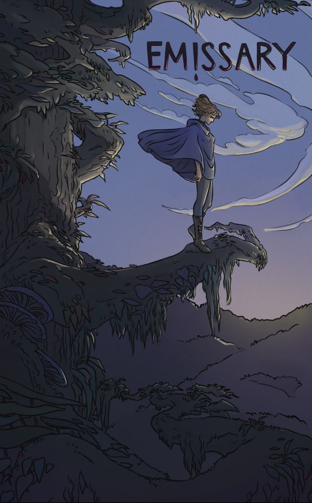 Comic cover with a girl standing on the branch of a massive tree at dusk 