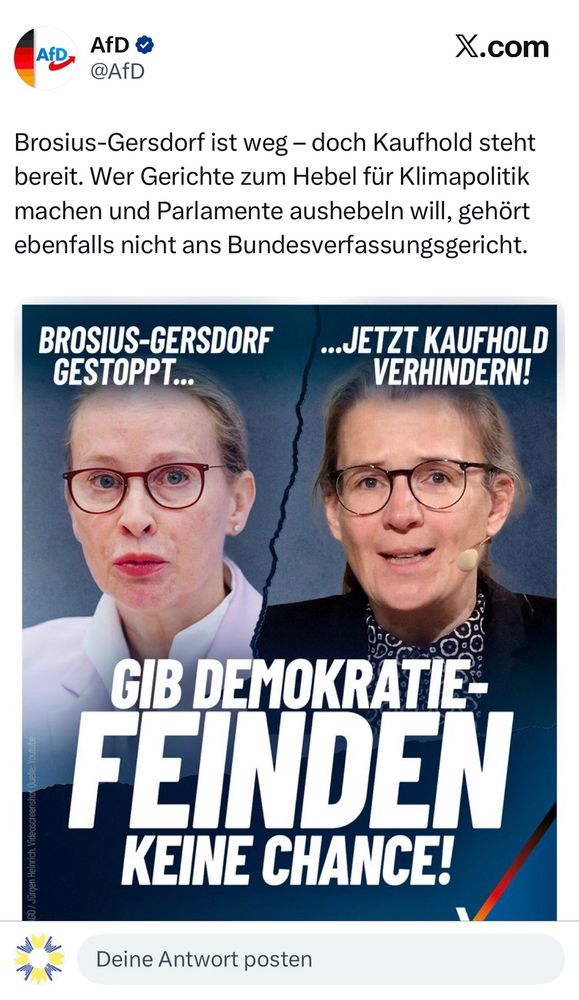 Post der @AfD auf X:

Brosius-Gersdorf ist weg – doch Kaufhold steht bereit. Wer Gerichte zum Hebel für Klimapolitik machen und Parlamente aushebeln will, gehört ebenfalls nicht ans Bundesverfassungsgericht.

Dazu ein Bild mit den beiden Juristinnen und dem Text „Gib Demokratie-Feinden keine Chance!“