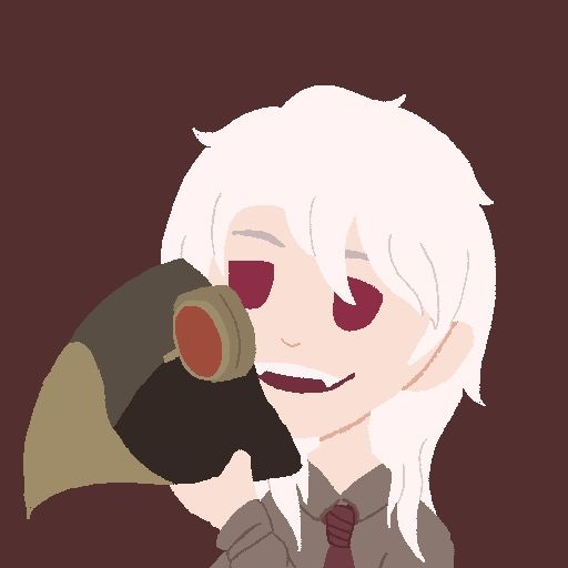 A drawing of someone else, in an even more simplified style than before, with a focus on more chibi or rounded looks. This shows someone with light skin, white shoulder-length hair, and red eyes. They're smiling with their mouth open, showing fangs. They're wearing a muted collared shirt with a red tie, and they're holding up a bird-like mask with red goggles attached.