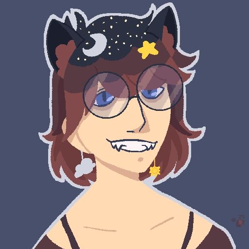 A digital drawing of a catperson with light skin, blue eyes, and large circular glasses. They have chin-length hair that mostly curls outward, which is colored in bands from top to bottom, starting with a dark blue, then a maroon color, and finally a desaturated red. The blue part has small dots that look like stars in it. Their cat ears are the same dark blue with some red fluff poking out. Also in their hair are two accessories: a silver crescent moon and a yellow star. They have a tired look in their eyes and a toothy grin showing off a set of sharp fangs. They're wearing a low cut top that shows off their collar bones, along with a spaghetti strap tank top underneath. They also have two dangly earrings: one is a silver cloud and one is a golden sun.