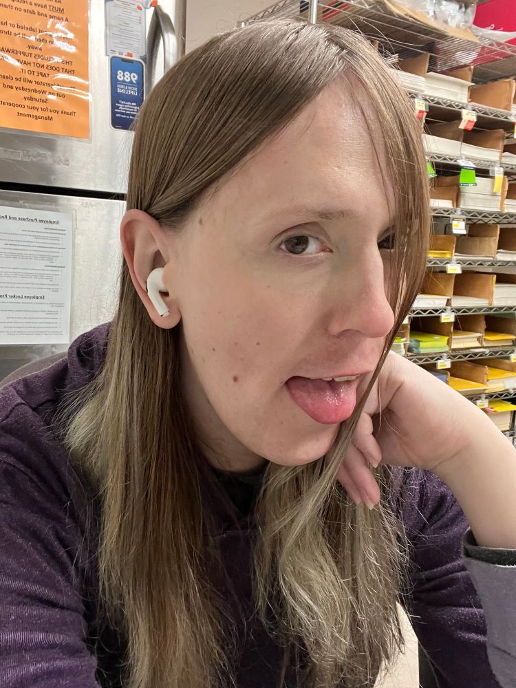 a photo of Amber while at work, sticking its tongue out at you!