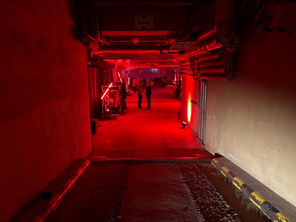 Ramp down to subterranean garage.