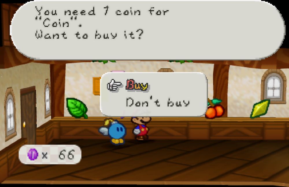 screenshot of the northern Toad Town shop from Paper Mario where a coin is being sold for 1 coin