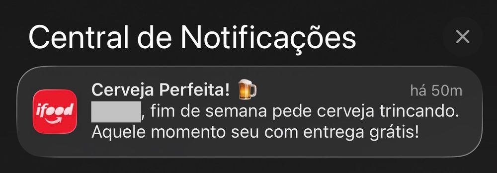print de notificaçao do ifood: Fim de semana pede cerveja trincando. Aquele momento seu com entrega grátis!