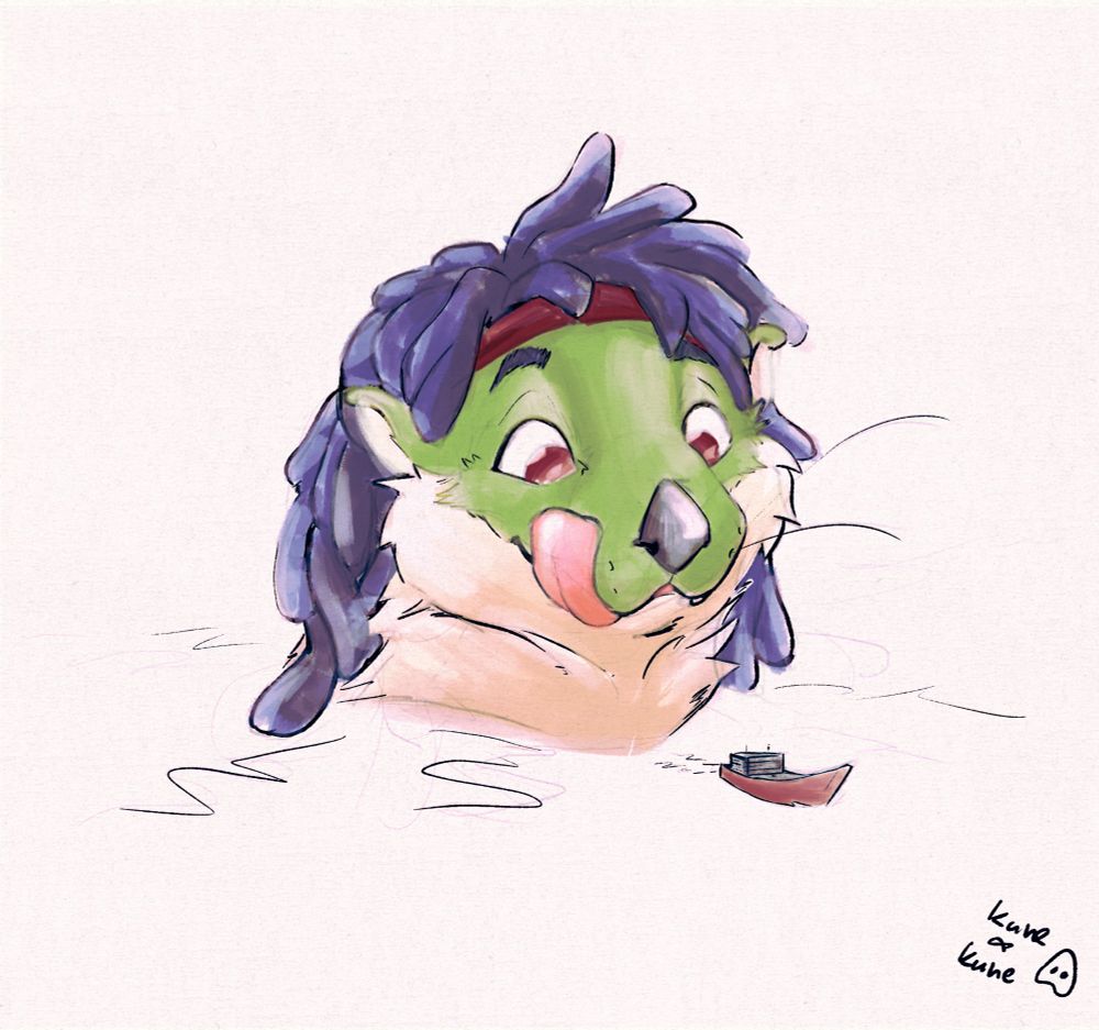 Illustration. A picture of a gigantic green sea otter looming over a tiny ship. The otter is licking his lips at the sight.