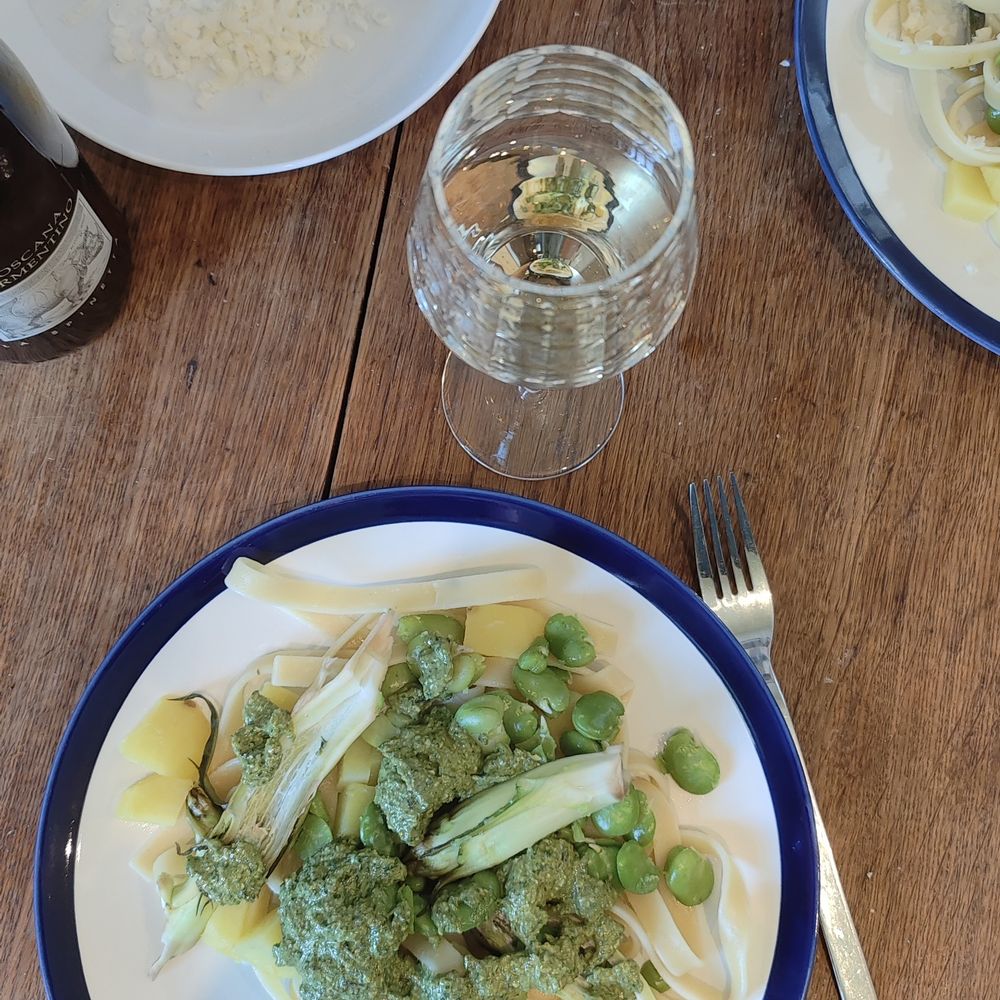 Ein Teller mit breitem blauen Rand. Darauf Bandnudeln, grün-weißes Pesto, Kartoffelwürfel große grüne Bohnenkerne und grüne Gemüsetriebe.
