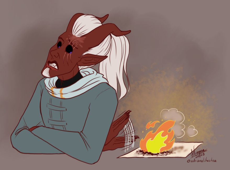 Union (a tiefling man) with crossed arms and elbows resting on a surface, looking off to the side with a worried expression on his face as a piece of parchment next to him has caught fire.  He's trying to fan it off with a hand.