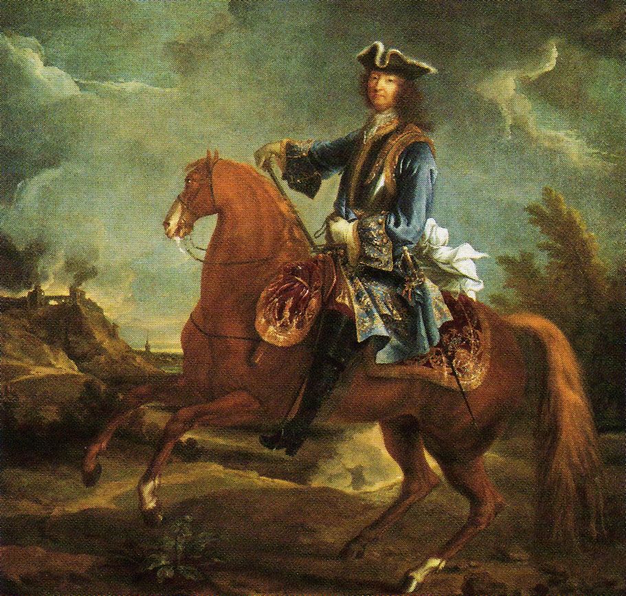 Painting of Louis XIV in a VERY FLASHY blue and gold coat, and wearing a tricorn hat, riding a madly disproportoned horse with the tiniest head imaginable.