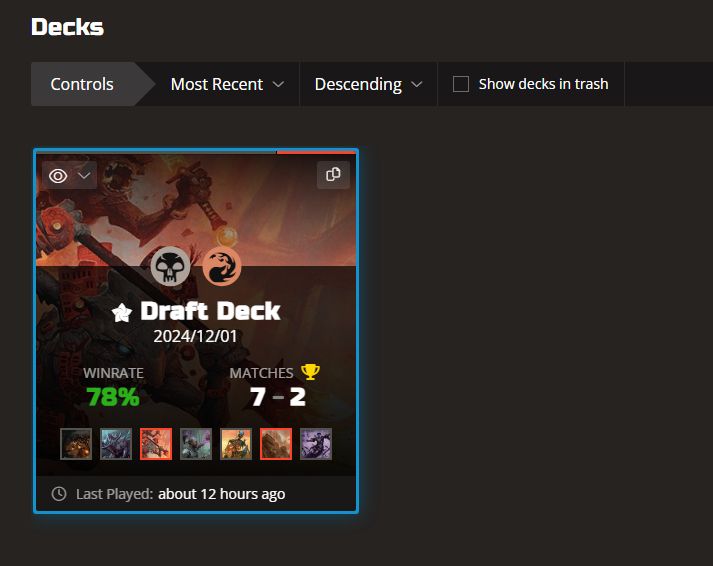 Picture of the Draft Deck stats on Untapped.gg 78% Winrate with a 7-2 record.
