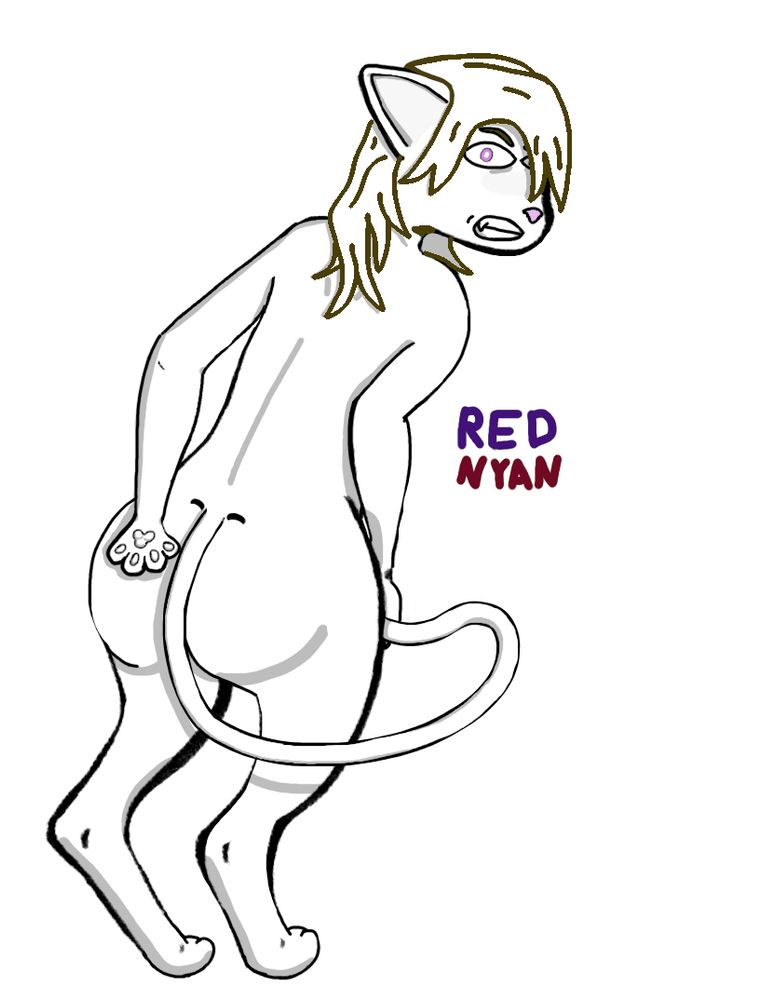 A cat furry facing away and leaning forward slightly as she grasps the tip of her tail in one hand and attempts to cover her ass with the other.
Her expression is upset as she turns to face us.
Her tail is curving in an attempt to cover her rear as it curves around to her right hand.