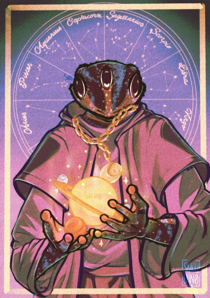 Digital drawing of a toad with a purple robe and planets between their hands. Background is purple and green with golden zodiac constellations