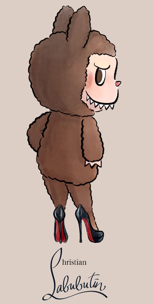 drawing (by me) of a labubu figure with their back to the viewer, wearing black patent platform heels with red soles visible. underneath is a logo reading "Christian Labubutin"