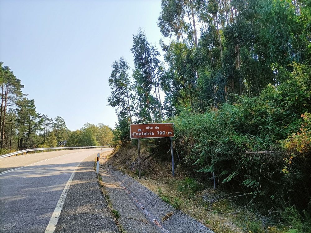 Vése unha estrada e na dereita unhas árbores, no centro da imaxe un sinal indica que estamos no alto de Fontefría.