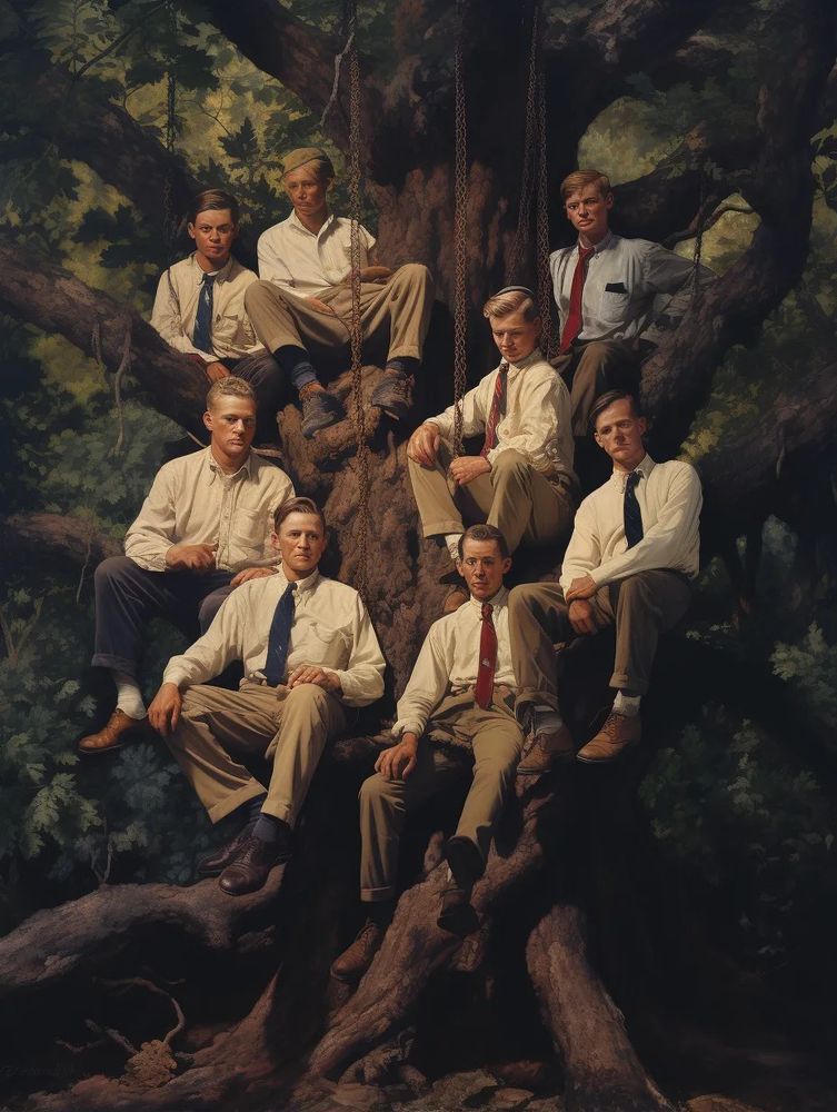 one group of men sitting next to another group climbing a tree, in the style of southern gothic, vintage portraiture, cultural documentation, progressive academia, i can't believe how beautiful this is, overexposure, staining --ar 3:4