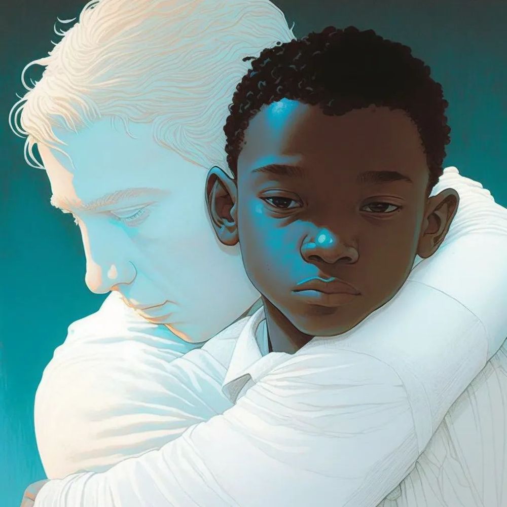 the whitest boy hugging the blackest boy, art by Moebius, white ink --v 4