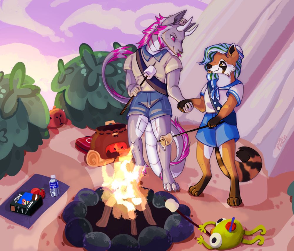 Two furry characters drawn in a peak gameplay situation. They’re both wearing uniforms and roasting marshmallows. The sun is setting in the background and they have a green plushie set up to roast some marshmallows with them.
