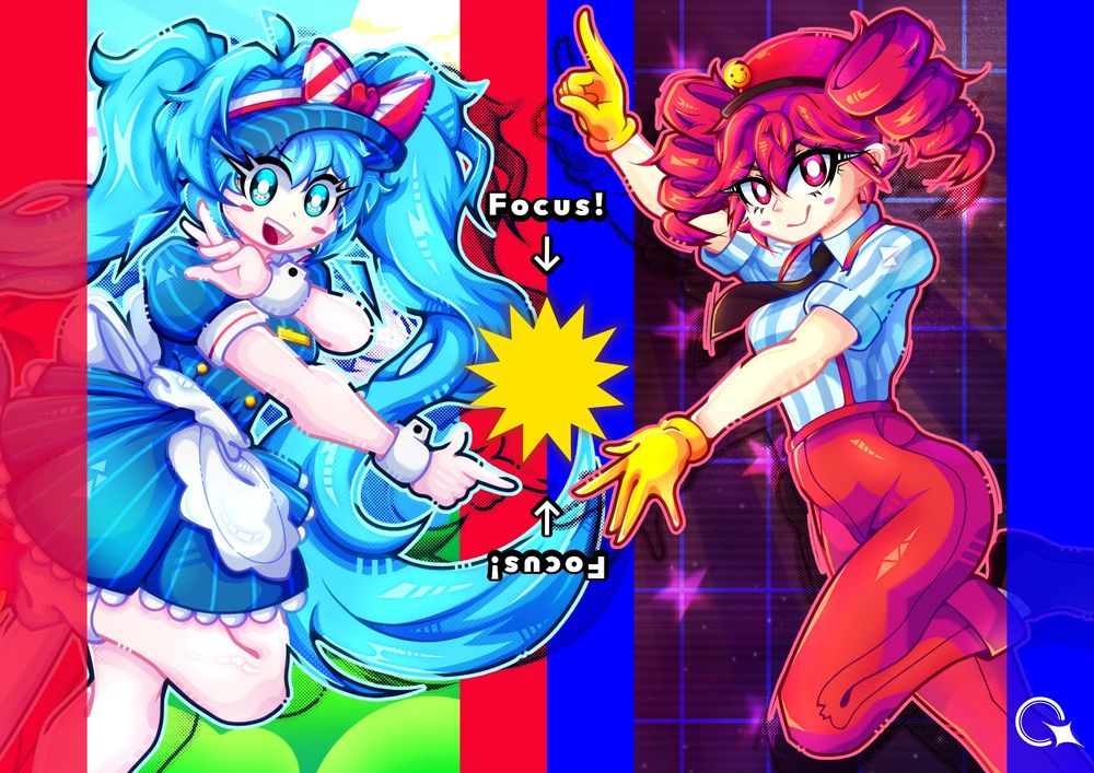 Hatsune Miku And Kasane Teto In The Mesmerizer Music Video Outfit, With A 13 Pointed Star In The Middle Declaring "FOCUS!"