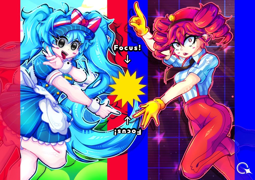 Hatsune Miku And Kasane Teto In The Mesmerizer Music Video Outfit, With A 13 Pointed Star In The Middle Declaring "FOCUS!", Except.... Something Feels Off