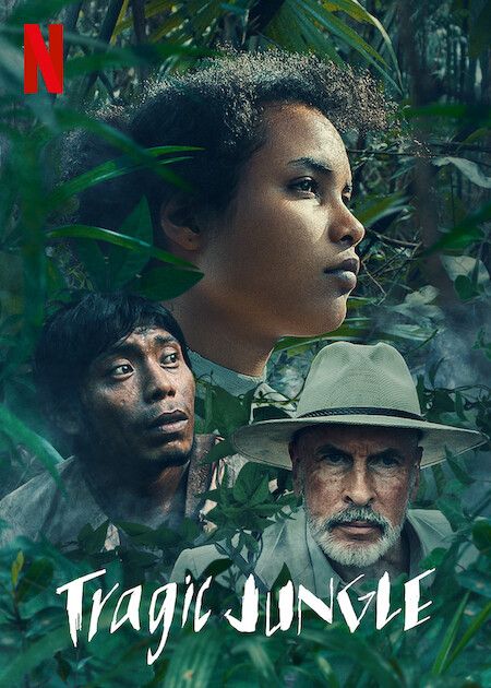 Cover image for "Tragic Jungle". Three faces against a backdrop of leafy green jungle plants. At the top a woman is looking thoughtfully. Below her a man has an expression of fear or uncertainty. Finally a man in a broad-rimmed white hat. His eyebrows are turned downwards in an expression of menace.