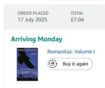 Screenshot of an Amazon order page showing the book Romanitas has been bought and is arriving on Monday