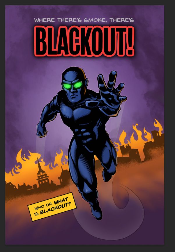The WWII-era superhero Blackout flies toward the reader from a city on fire. A small text box asks, “Who or what is Blackout?”