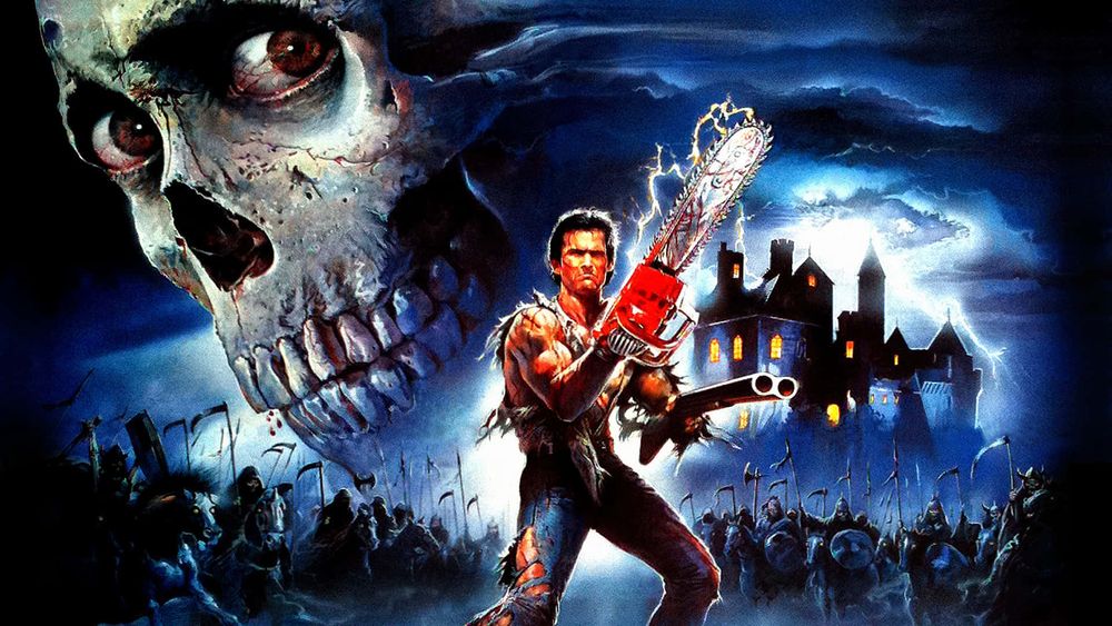 A picture combining several posters from "Evil Dead", featuring Ash Williams, a giant skull with eyes, and a deadite army