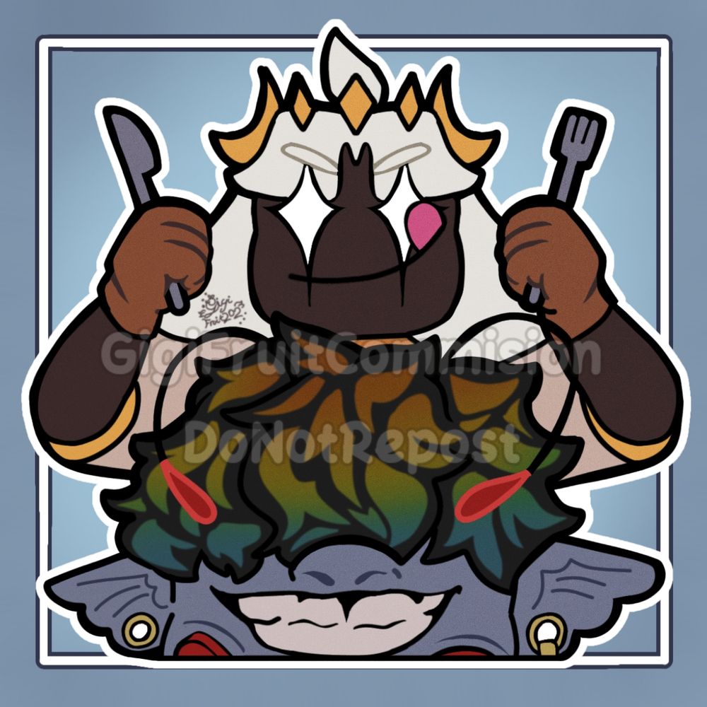 Panda has the similar description as before, faded grey hair, a crown made of yellow diamonds and Cresent moons. She has aand expression like she's ready to dig in with start glints in her eyes, licking her lips, and holding a knife and fork ready to eat!
 Infront of her is Mavrin, He has blue greyish skin with a wide toothy grin, his eyes are covered by black wavy hair with rainbow ombre through out, two antenna bent downwards with the tips being red, fin like Ares on either side of his head pieces with gold rings. 