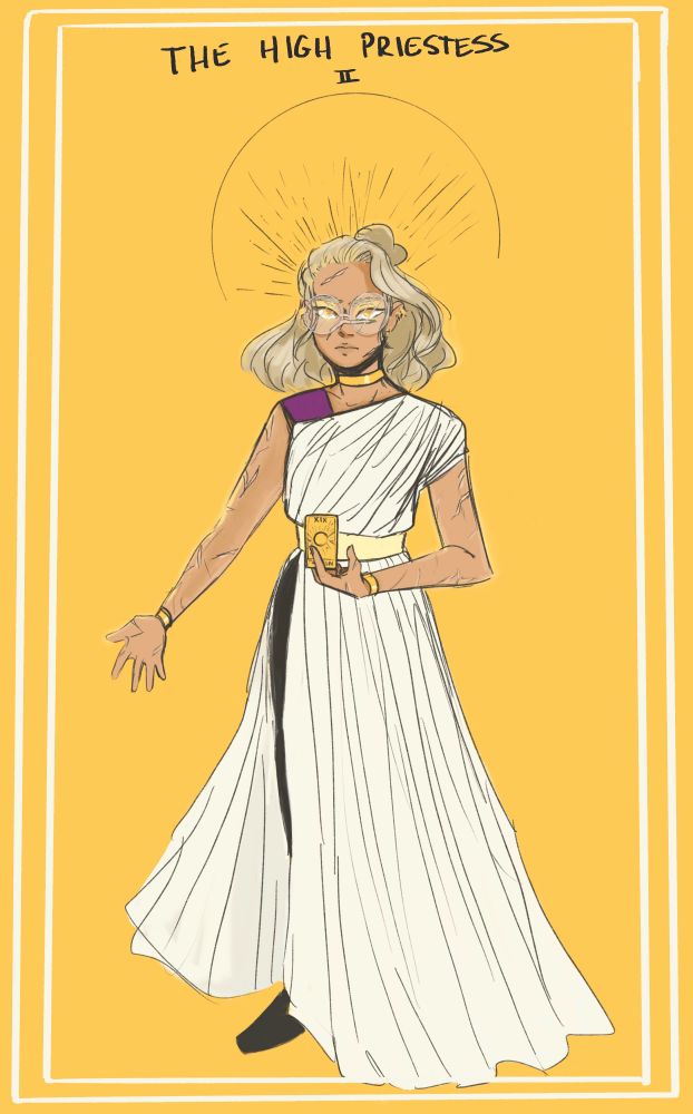 a tarot card style drawing of a person with shoulder length ash blonde hair half pulled up into a bun, bangs left out on the right side. they are wearing a long toga over a purple sleeveless shirt and black pants and holding a card with the roman numeral 19 ("XIX") on the top and "THE SUN" on the bottom, with a picture of the sun in the center. the top of the card says "THE HIGH PRIESTESS" with the roman numeral two (II) underneath it.