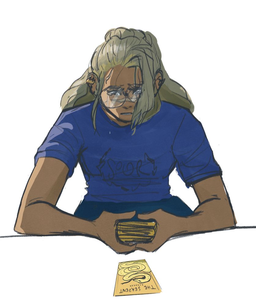 a young blonde person with their hair half up in a bun, long bangs falling over part of her face. they hold a deck of gold edged tarot cards in their hands, and in front of them is a tarot card that doesn't actually exist, called THE SERPENT and listed as a bunch of Xs instead of a true roman numeral. it has a very winding snake on it. she is looking at the card in despair and horror, a tear falling down her face.