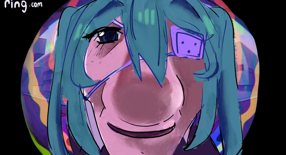 hatsune miku from the song monitoring by deco*27. she is close up to a ring doorbell camera, with her face distorted as a result