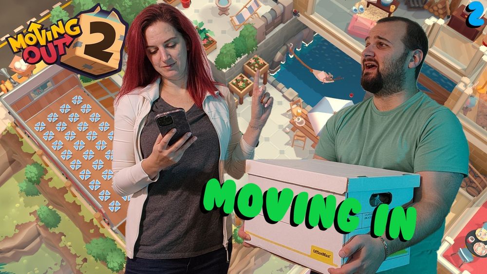 The final thumbnail for Moving Out 2 Part 2, a woman texts on her phone while holding up a finger while a man struggles to carry a box on his own.