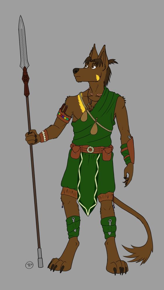 A digital illustration of an anthropomorphic canine with brown and gold fur. He's wearing a green tunic and is holding a spear as he gazes warily at the distance