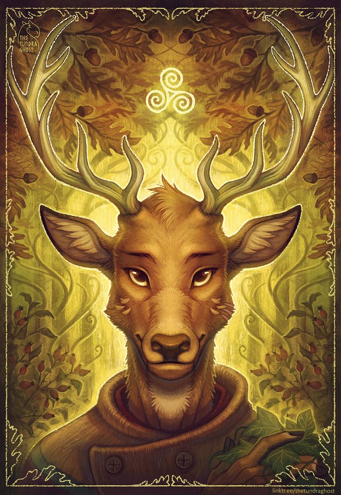 A digital portrait of an anthropomorphic deer, Edwin, with brownish-orange fur and large antlers. He's wearing an earthly-colored poncho and is smiling slightly as he brushes an oak leaf with his fingers. Edwin is nestled in autumn-tinted nature: like orange oak leaves and acorns. Further back is a forest bathed in an enchanting gold glow. 