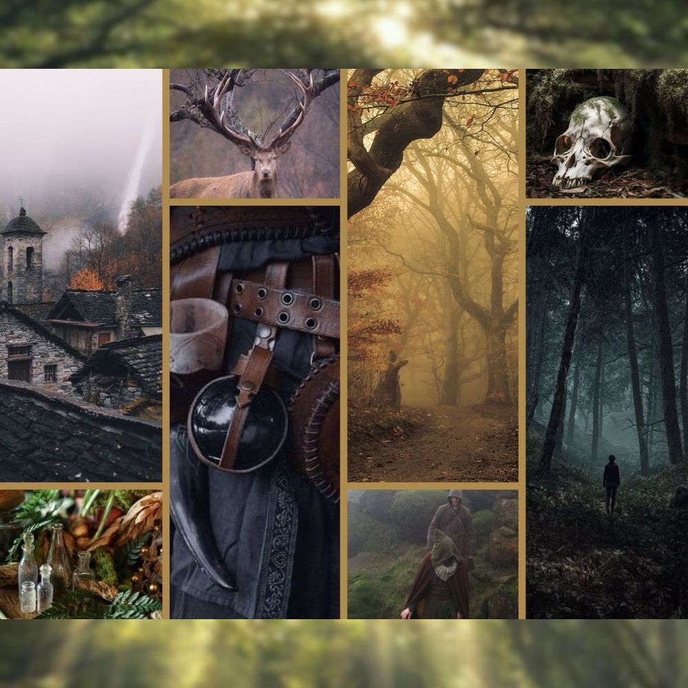 An aesthetic board for the plot of #DeerWizardWIP. Featuring the images of:
A rustic medieval town nestled at the base of a mountain
Herbs and bottles
A deer with large antlers
A belt holding a knife and a potion bottle
A misty autumn forest 
A pair of adventures hiking down a hill
An animal skull under a rotting log
A dark, spooky, misty forest with a long figure facing a trail