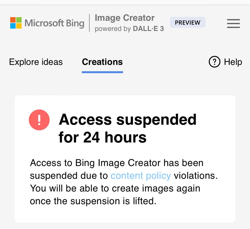 Bing AI Art tool suspension message screenshot.