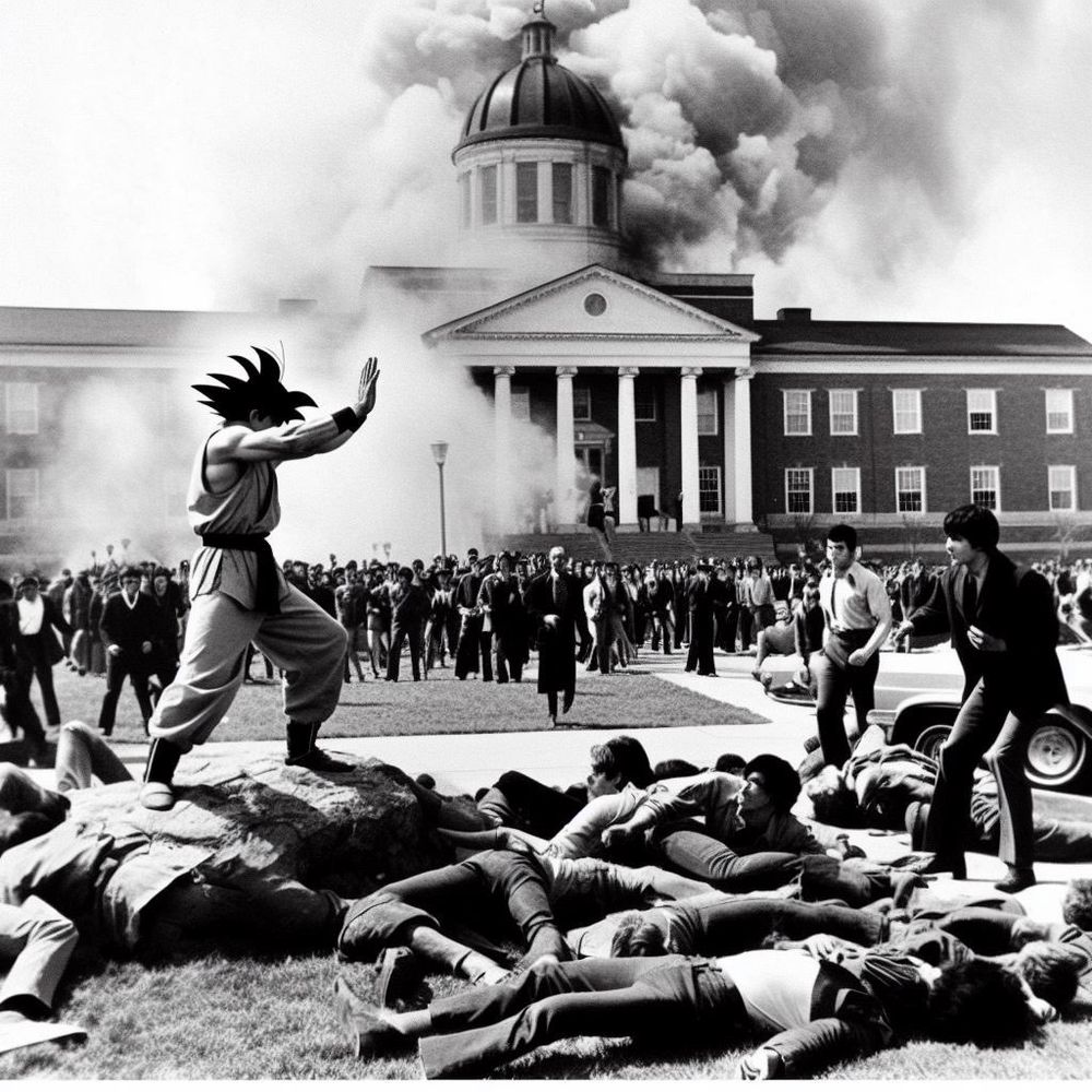 AI generated image of Goku standing around during the Kent State massacre.