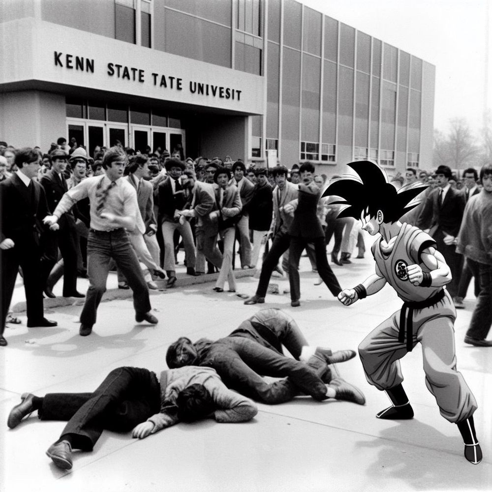AI generated image of Goku standing around during the Kent State massacre.