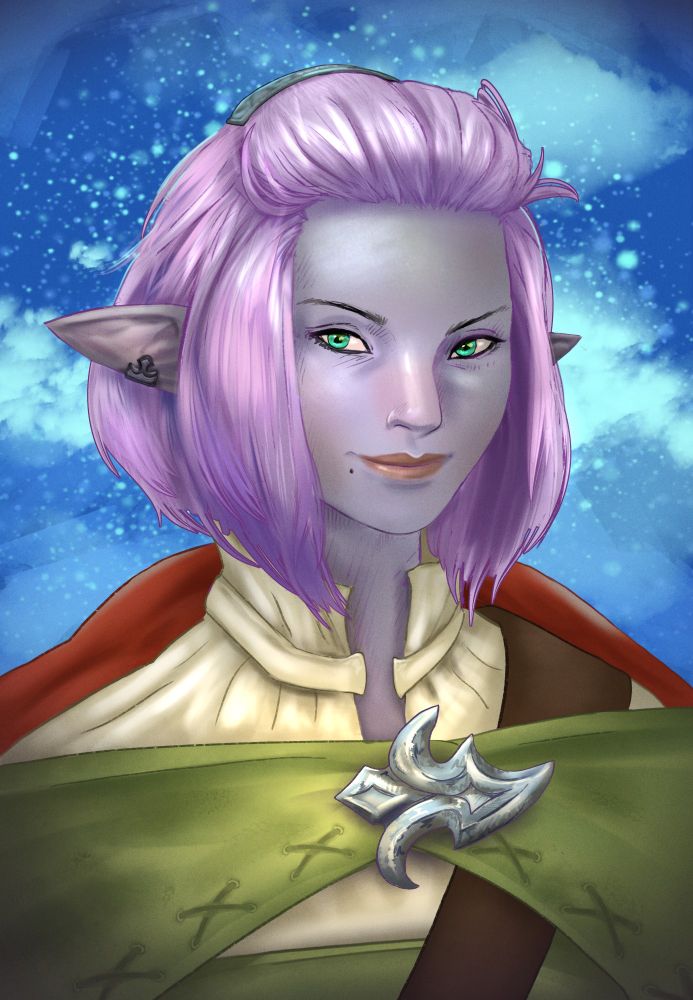 Portrait of a Duskwight Elezen woman dressed in acolyte's robes with the Lifestream in the background