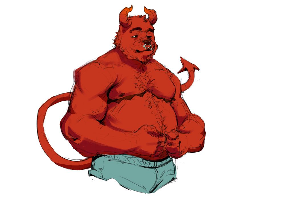 Beefy red character smirking while pressing hands together, knuckles first. They have a devil tail, horns, and a metal nose ring. Top surgery scars are present under their chest.