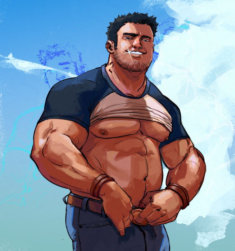 Drawing of Lucas Lee, his shirt is pulled over his chest and his hands are on his belt buckle. He's smiling and there is a shine on his teeth. 