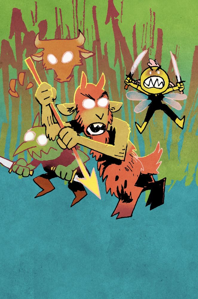 Illustration of armed fantasy creatures with glowing eyes. A satyr in the foreground holds a spear menacingly, a fairy with two tiny swords flashes their pointed teeth, and in the background a goblin and a minotaur brandish their knives and claws.