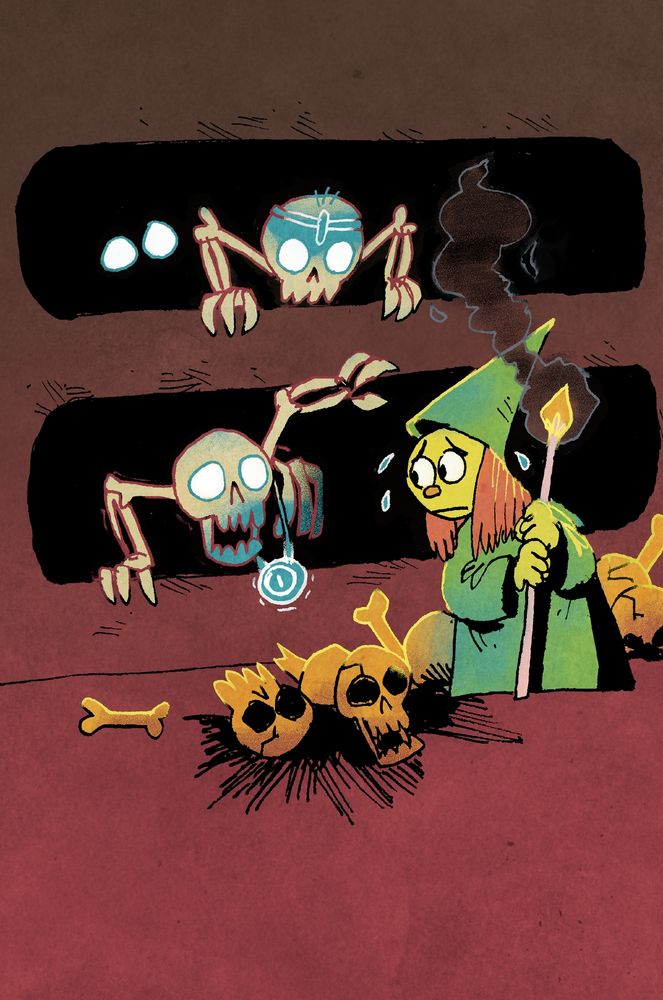 Illustration of a worried-looking magician in a catacomb, a seemingly endless and continuous stream of living skeletons crawling toward them.